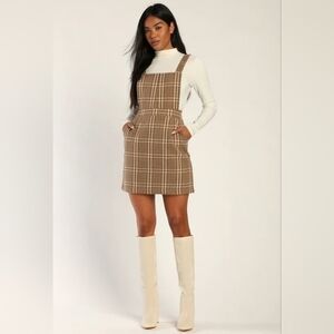 Lulus Beige and Brown Plaid Pinafore Mini Dress